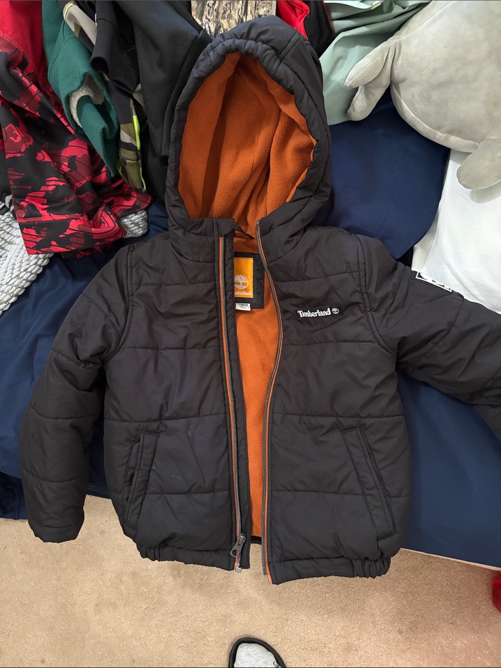 Timberland Kids Black Puffer Jacket with Orange Lining